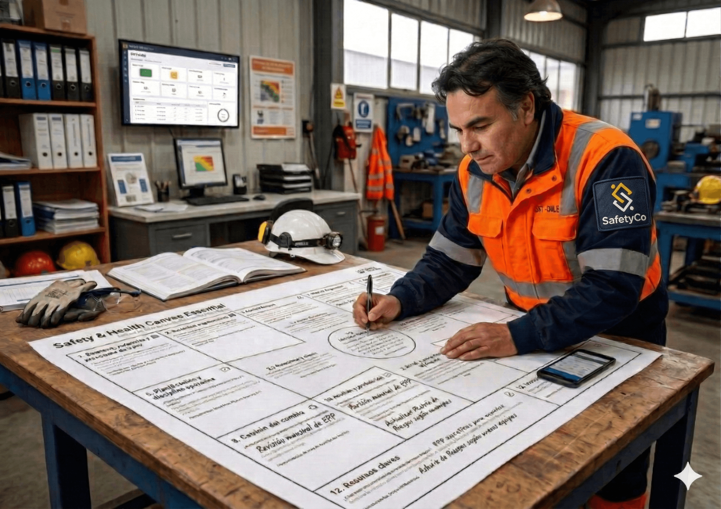 Worker reviewing safety canvas